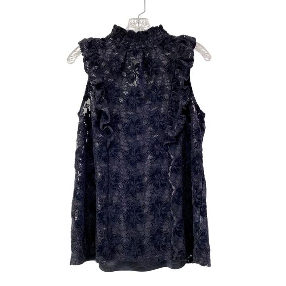 Whimsigoth Dark Moody Velvet Lace Mesh Ruffle Mock Neck Sleeveless Top Sz M Edgy - Picture 1 of 8
